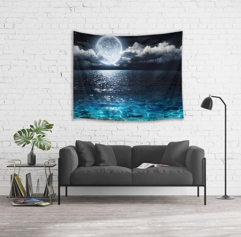 LB Moon Ocean Tapestry - Watercolor Blue Ocean and White Cloud Extra Large Wall Tapestry for Bedroom Starry Night Sky Wall Art for Bedroom Living Room Dorm Decor - 92.5Wx70.9H inches - Image 5